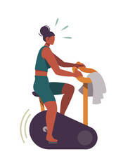 Girl using indoor cycling bike. Home workout and active lifestyle. Colorful flat vector illustration isolated on a white background.