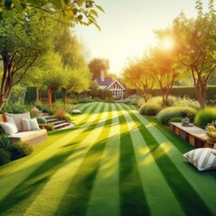 Perfectly striped freshly mowed garden lawn in summer - obrazy, fototapety, plakaty