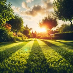 Perfectly striped freshly mowed garden lawn in summer - obrazy, fototapety, plakaty