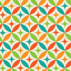 Mid Century Atomic Starbursts on colorful circles seamless pattern in green, teal, red and orange. For home décor, textile and wallpaper. 