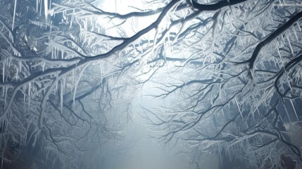  a foggy forest filled with lots of trees covered in ice and ice hanging from the branches of the trees.  generative ai