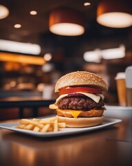hamburger and fried potato at fast food court 
 - obrazy, fototapety, plakaty