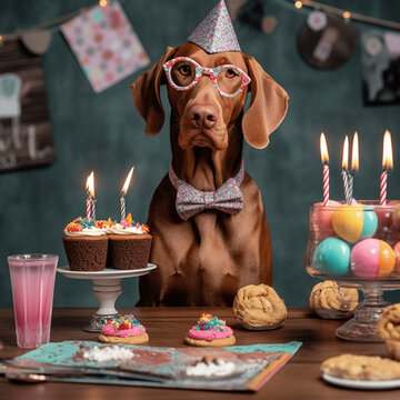 Vizsla Hund feiert Geburtstag mit brennenden Kerzen und Torten zum essen