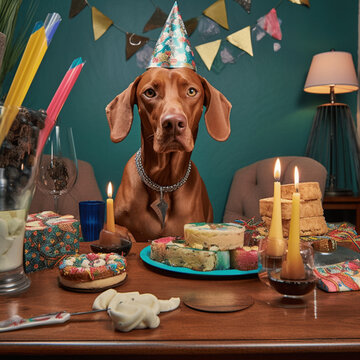 Vizsla Hund feiert Geburtstag mit brennenden Kerzen und Torten zum essen