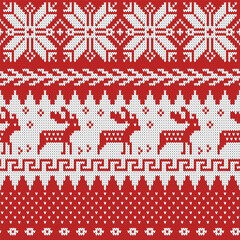Fototapeta na wymiar Retro Christmas knit deer snowflakes red