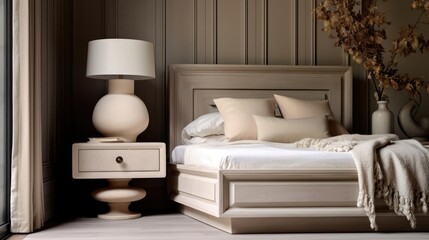 Accent bedside cabinet near bed against wood paneling wall French country interior design of modern bedroom 