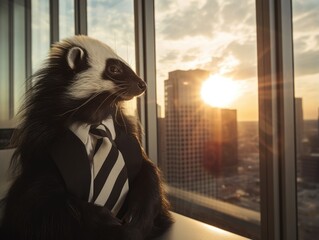 A black and white skunk is looking at a window. Generative AI. - obrazy, fototapety, plakaty