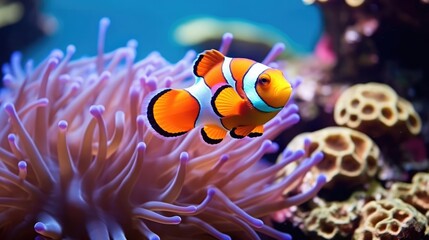 Obraz na płótnie Canvas Amphiprion ocellaris clownfish and anemone in sea 