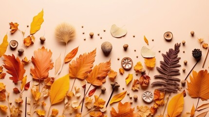 Autumn composition Pattern made of dried leaves and other design accessories on table Flat lay top view 