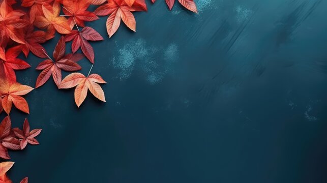 Autumn background with colored red leaves on blue slate background Top view copy space AI Generated 