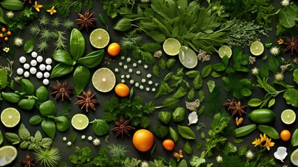  a variety of fruits and vegetables are arranged on a black surface with green leaves, oranges, and star anise.  generative ai - obrazy, fototapety, plakaty