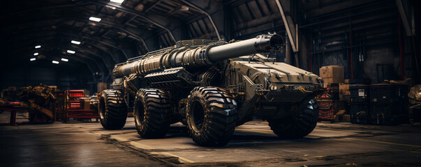 Modern futuristic military tank with cannon parked inside a military hangar. - obrazy, fototapety, plakaty