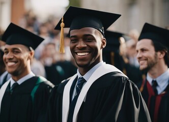 Portrait of a black American man with a beautiful and sincere smile at a university graduation ceremony
