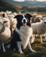 happy and smiling border collie sheepdog inside the sheeps blurred in the background
