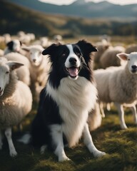 Fototapeta premium happy and smiling border collie sheepdog inside the sheeps blurred in the background 