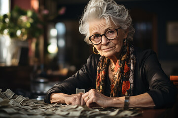 caucasian senior woman sitzt indoor an einem tisch auf dem a lot of banknotes lying