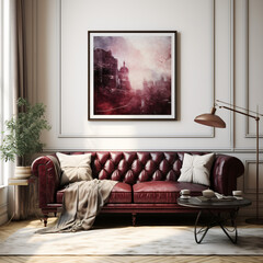 White interior with a burgundy leather sofa and a central picture in a frame