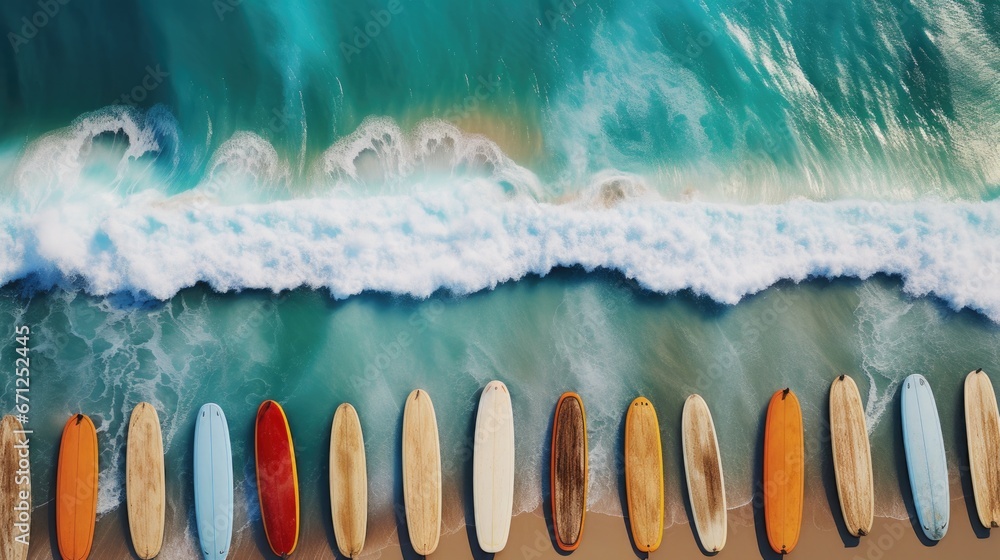 Poster a group of surfboards are lined up in a row. generative ai.