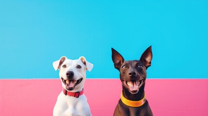 A couple of dogs are sitting next to each other on a blue and pink background. Generative AI.