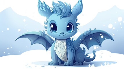  a small blue dragon sitting on top of a snow covered ground with snow flakes on it's wings.  generative ai