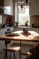 Kitchen interior mockup. Wooden table top and blurred defocused modern kitchen interior background.