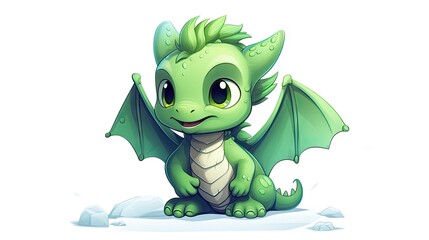  a small green dragon sitting on top of a pile of snow next to a pile of snow on the ground.  generative ai
