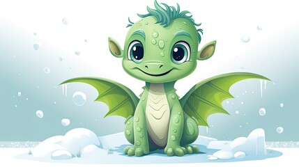  a green dragon sitting in the snow with bubbles on it's back and eyes wide open, with a smile on its face.  generative ai