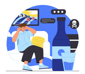 Man with alcoholic hangover concept. Young guy with bottle with alcoholic drink. Bad habit and unhealthy lifestyle. Alcohol addiction. Cartoon flat vector illustration isolated on white background