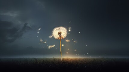 a dandelion blowing in the wind on a dark night with a dark sky and clouds in the background.  generative ai