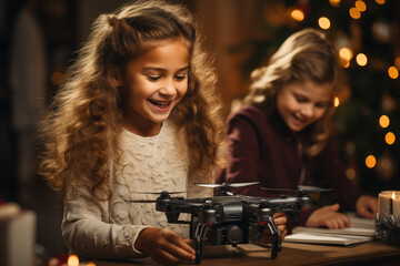 Fototapeta na wymiar Children in a future Christmas morning, excitedly opening presents delivered by autonomous drones. Concept of high-tech gift-giving. Generative Ai.