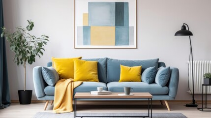 Blue sofa with yellow pillows and blanket against beige wall with frame poster Scandinavian home interior design of modern living