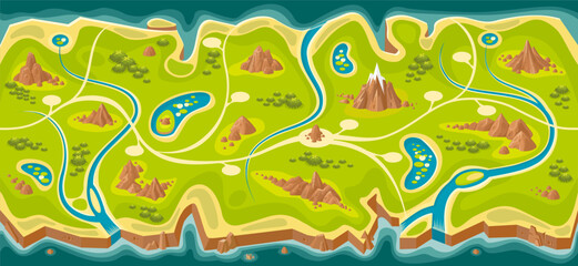 Game map for completing the route. Mountains, sea, rivers and lakes view from above. Looped and seamless map. Map for arcade, match 3 or any other app. Horizontal map. Game path.    