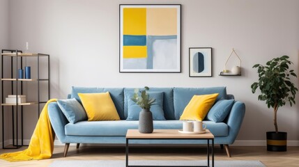 Blue sofa with yellow pillows and blanket against beige wall with frame poster Scandinavian home interior design of modern living
