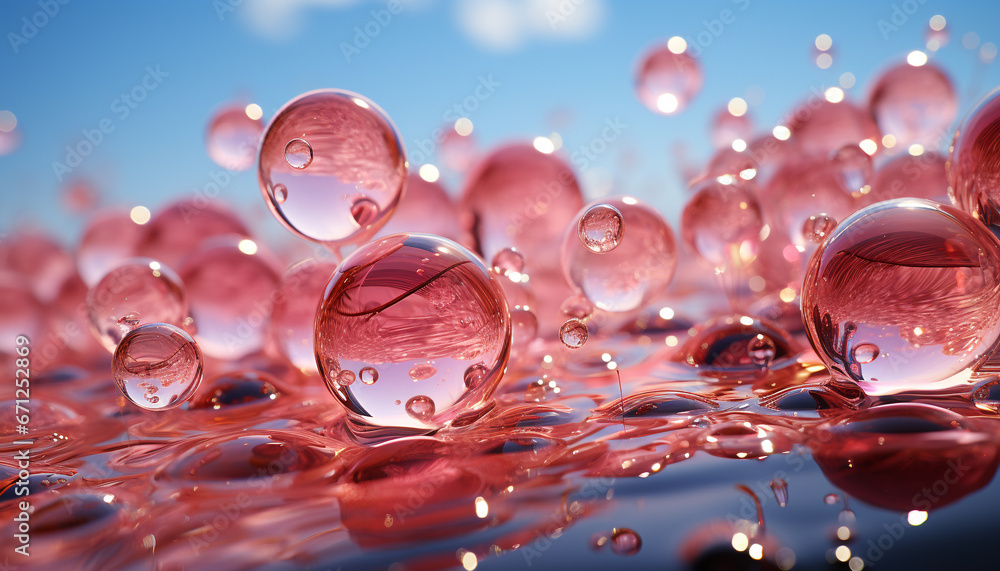 Poster nature wet reflection a macro bubble of freshness, transparent and shiny generated by ai