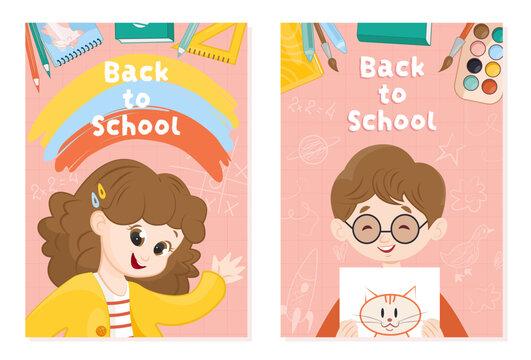 Back to school posters set. Boy and girl with dranings at paper. Creativity and art. Education, learning and training. Cartoon flat vector collection isolated on white background