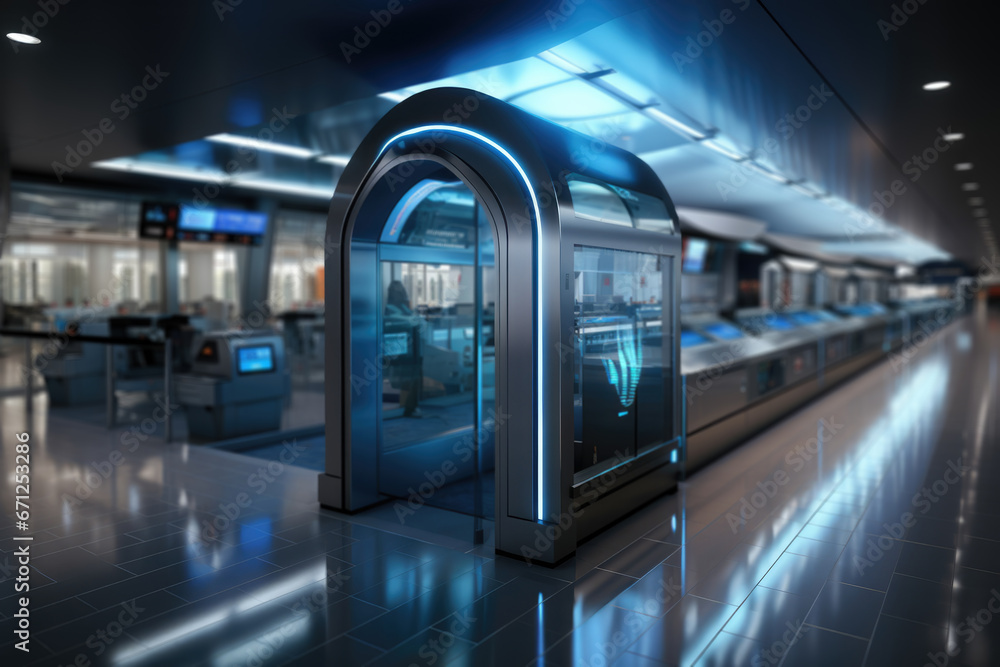 Poster a security checkpoint at the airport equipped with biometric scanning to ensure safe and efficient t