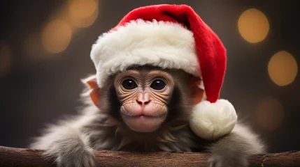 Deurstickers Image of a monkey in a Santa Claus hat. © kept