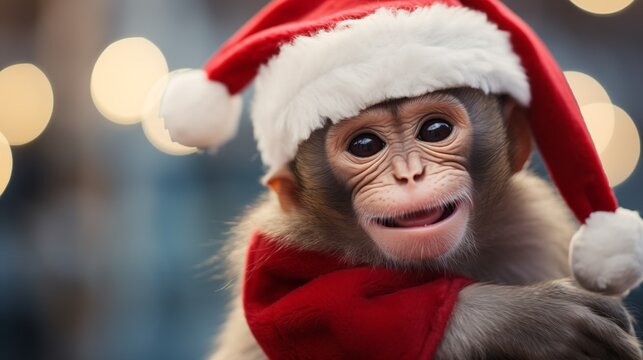 Image of a monkey in a Santa Claus hat.