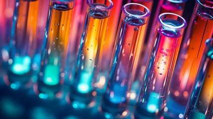 Close-up of several transparent laboratory test tubes.