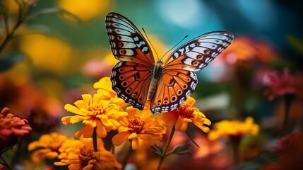 An image of a bright butterfly sitting on the petals of a blooming flower.