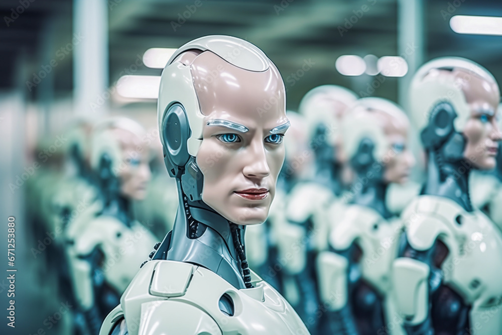 Poster a large warehouse of robots in production with a selective focus on one cyborg, the robotic army of 