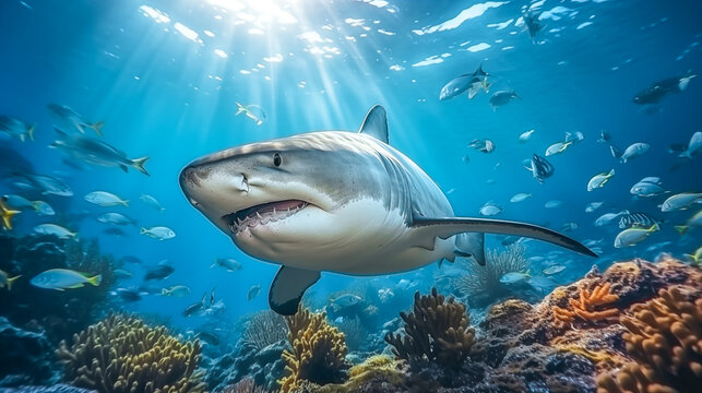 Great White Shark (Carcharodon carcharias). Picture shows a great white shark at the coral reef in the Red Sea