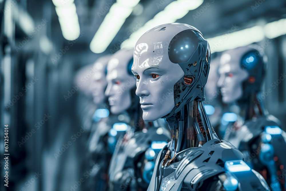 Aufkleber a large warehouse of robots in production with a selective focus on one cyborg, the robotic army of 