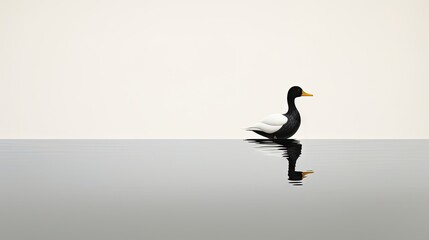  a black and white duck sitting on top of a body of water next to a white and gray wall in the background.  generative ai