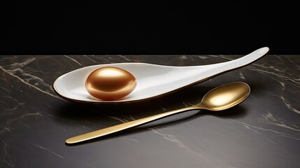  two golden eggs in a white bowl on a marble table with a gold spoon and spoon rest on the plate.  generative ai