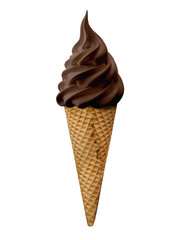 A chocolate ice cream with a waffler cone isolated on a white background