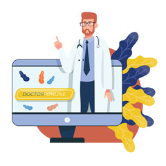 
A Male Doctor In White Uniform With Stethoscope standing in Front of a Computers Screen. Online Doctor Medical Services Concept. 