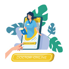 Online Doctor Medical Services Concept. A smiling female doctor wearing a blue uniform standing in front of a smartphone and holding Clipboard.