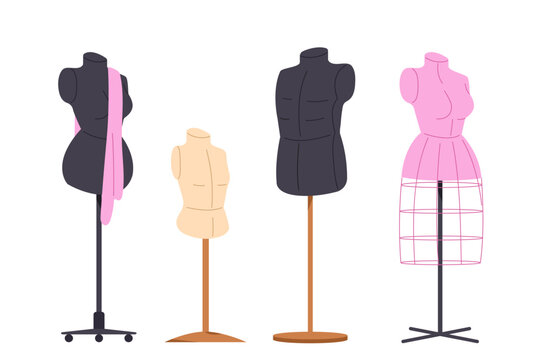 Different dummies set. Mannequins with clothes for boutique or workshop. Beauty, aesthetics and elegance. Seamstress and needlework. Cartoon flat vector collection isolated on white background
