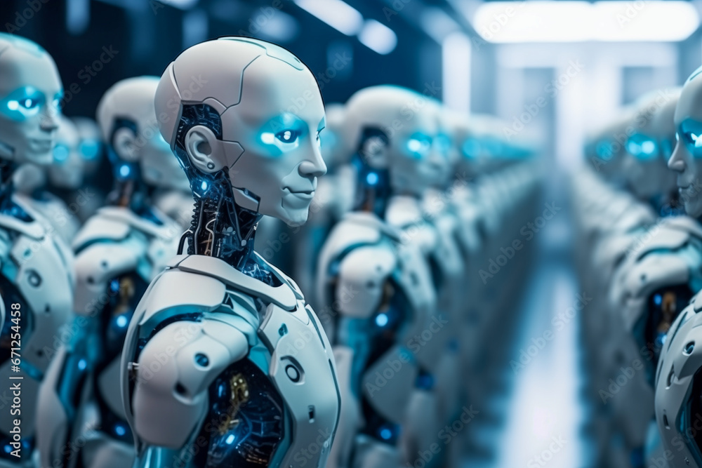 Poster a large warehouse of robots in production with a selective focus on one cyborg, the robotic army of 